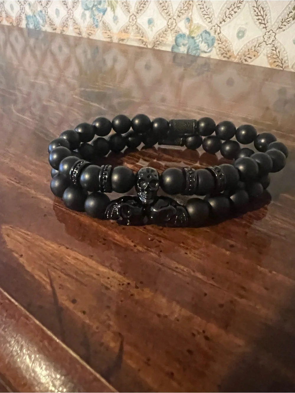 SkeletonHD Matte Black Skull Beaded Bracelet Set Men's Gothic Onyx Stretch Stack